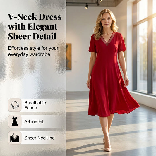 ❤️ LIMITED-TIME 50% OFF! 👗 Women's Elegant V-Neck Mesh Dress – Loose A-Line, Sheer Panel, Lightweight 🌺