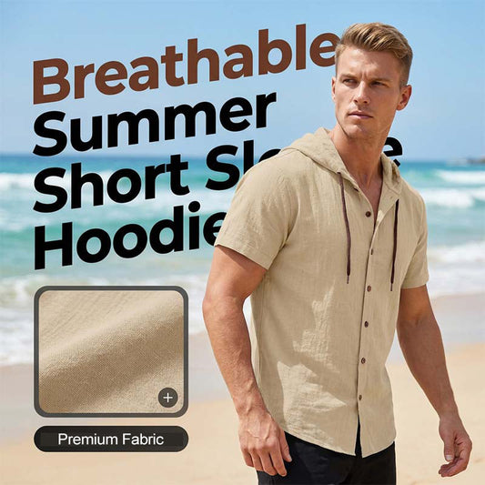 👕 LIMITED-TIME 50% OFF! 🧥 Men's Casual Short Sleeve Hoodie Shirt – Linen Blend, Adjustable Hood, Breathable 🌴