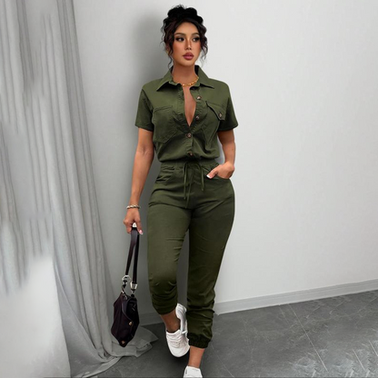 👗2026 New Collection! 🌟 Short Sleeve Button-Front Jumpsuit for Women – Drawstring Waist, Jogger Cuffs 🍃