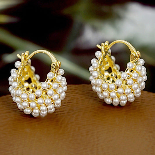 💍 LIMITED-TIME 60% OFF! ✨ Faux Pearl Basket Hoop Earrings – Gold Tone, Unique Weave, Classic Elegance 🪀