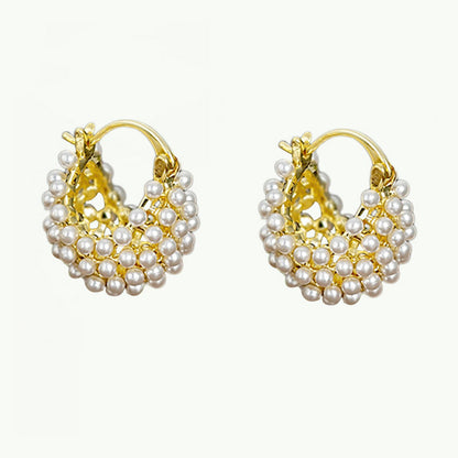 💍 LIMITED-TIME 60% OFF! ✨ Faux Pearl Basket Hoop Earrings – Gold Tone, Unique Weave, Classic Elegance 🪀