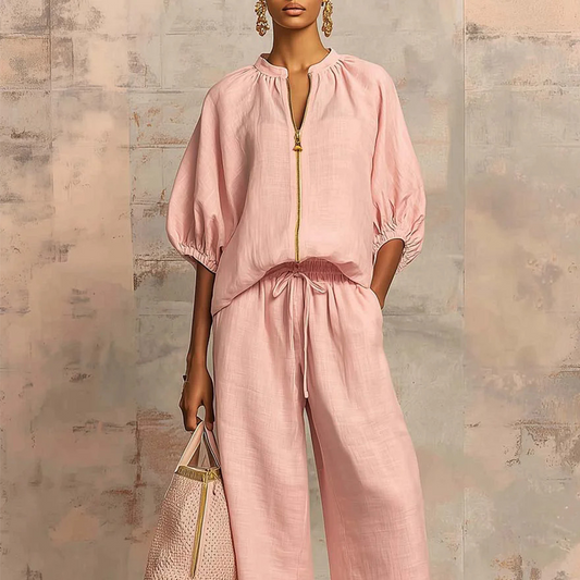 👗 LIMITED-TIME 50% OFF! 💥 Women's Solid Color 2-Piece Tracksuit – Puff Sleeves, Wide Leg, Zip Detail ✨