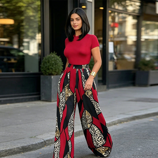 💃 LIMITED-TIME 50% OFF! 👖 Women's Top & Wide-Leg Pants 2-Piece Set – High Waist, Vibrant Print, Mock Neck 🍂