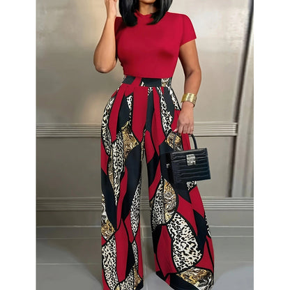 💃 LIMITED-TIME 50% OFF! 👖 Women's Top & Wide-Leg Pants 2-Piece Set – High Waist, Vibrant Print, Mock Neck 🍂