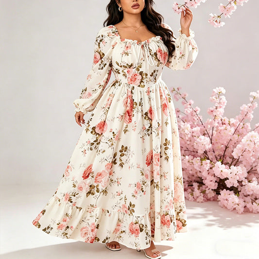 🌺 LIMITED-TIME 50% OFF! 👗 Floral Square Neck Maxi Dress – Long Puff Sleeves, High Waist, Vintage Print 🦋