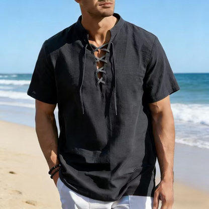 👕 LIMITED-TIME 50% OFF! ✨ Men's Casual Lace-Up Short Sleeve Shirt – Breathable, Adjustable Neckline, Vacation Ready 🌊