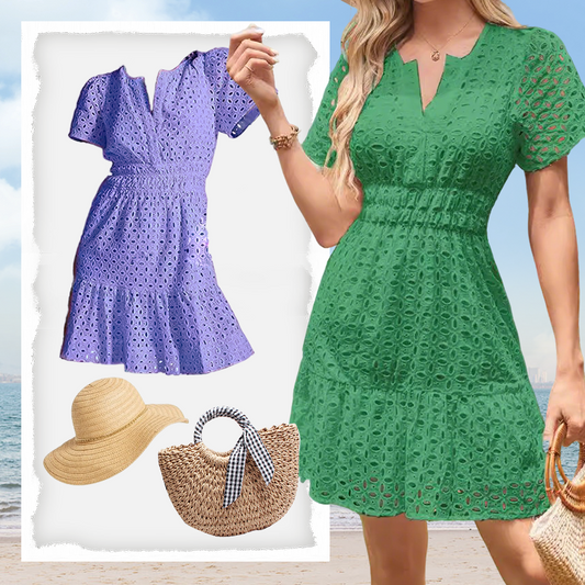 👗 LIMITED-TIME 50% OFF! 🌸 Women's V-Neck Short Sleeve Hollow Out Dress – Ruched, Cotton-Blend, Breathable 🦋