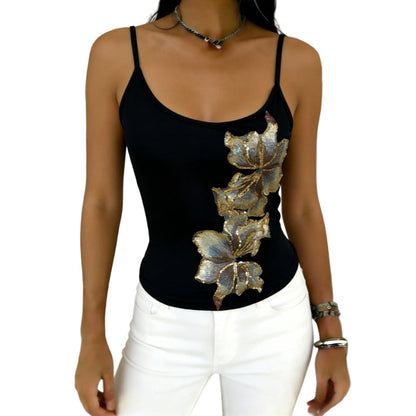 ✨ LIMITED-TIME 50% OFF! 🌸 Slim Fit Spaghetti Strap Tank with Sequin Flower – Sparkling, Stretch, Versatile 💃