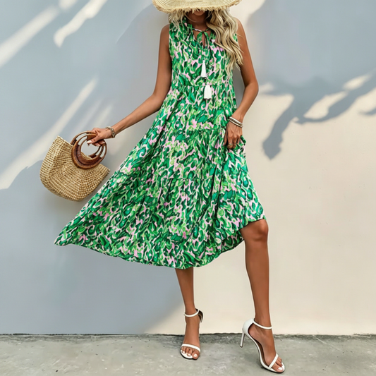 🚀 LIMITED-TIME 50% OFF! 💃 Abstract Print Tiered Midi Dress – Flowy, Chic & Made for Summer ✨