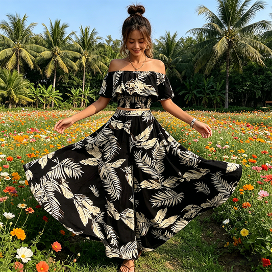 👒 LIMITED-TIME 50% OFF! 🌿 Women's Tropical Leaf Print 2-Piece Set – Off-Shoulder Top & Wide-Leg Pants ✨