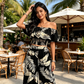 👒 LIMITED-TIME 50% OFF! 🌿 Women's Tropical Leaf Print 2-Piece Set – Off-Shoulder Top & Wide-Leg Pants ✨