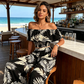 👒 LIMITED-TIME 50% OFF! 🌿 Women's Tropical Leaf Print 2-Piece Set – Off-Shoulder Top & Wide-Leg Pants ✨
