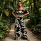 👒 LIMITED-TIME 50% OFF! 🌿 Women's Tropical Leaf Print 2-Piece Set – Off-Shoulder Top & Wide-Leg Pants ✨