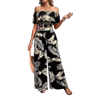 👒 LIMITED-TIME 50% OFF! 🌿 Women's Tropical Leaf Print 2-Piece Set – Off-Shoulder Top & Wide-Leg Pants ✨