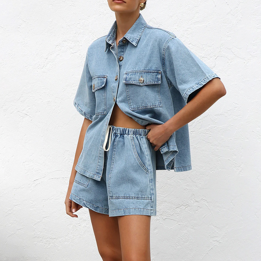 👕 LIMITED-TIME 50% OFF! ✨ Denim Shirt & Shorts Set – Relaxed Fit, Drawstring Waist, 2-Piece 🧵