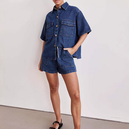 👕 LIMITED-TIME 50% OFF! ✨ Denim Shirt & Shorts Set – Relaxed Fit, Drawstring Waist, 2-Piece 🧵