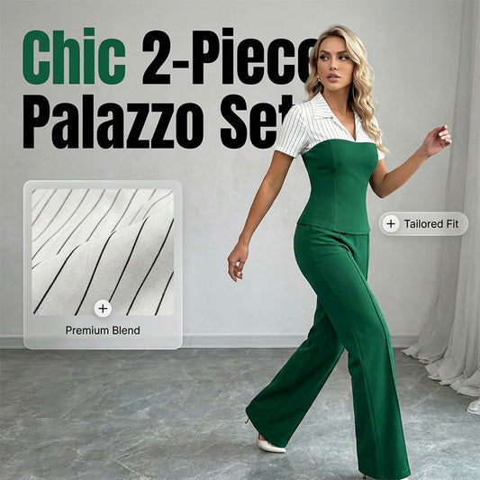 👔 LIMITED-TIME 50% OFF! ✨ Striped Lapel Set – Tee & Palazzo Pants, V-Neck, Flowing, Elegant 🍂