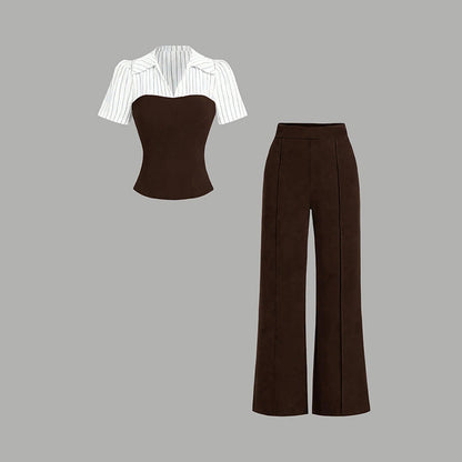 👔 LIMITED-TIME 50% OFF! ✨ Striped Lapel Set – Tee & Palazzo Pants, V-Neck, Flowing, Elegant 🍂