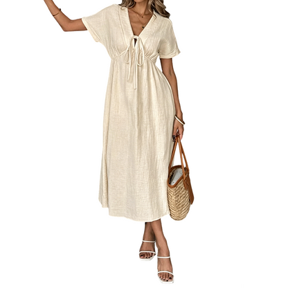 👗 LIMITED-TIME 50% OFF! ✨ Women's Midi Dress – V-Neck Tie-Front, Empire Waist, Flowy, Cotton Blend ☀️