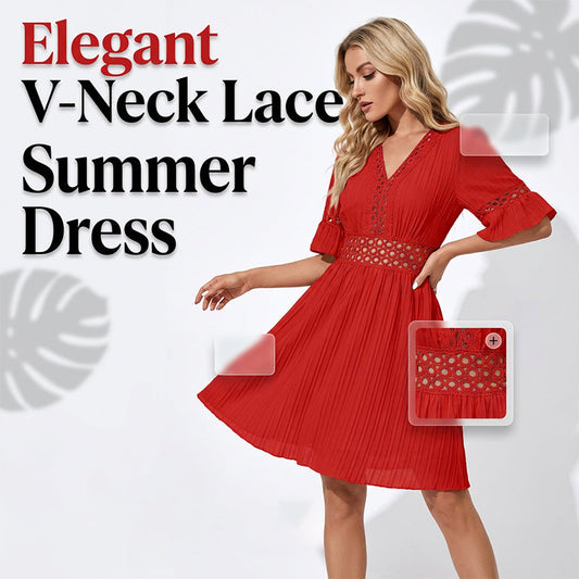 🏖️ LIMITED-TIME 50% OFF! ✨ Elegant Lace Dress – V-Neck, Pleated, Summer, Vacation ✨