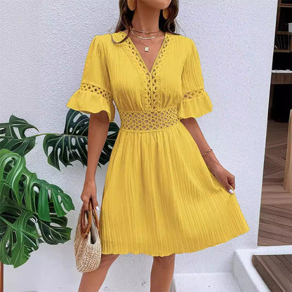 🏖️ LIMITED-TIME 50% OFF! ✨ Elegant Lace Dress – V-Neck, Pleated, Summer, Vacation ✨