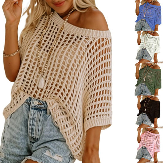 👕 LIMITED-TIME 50% OFF! ✨ 3/4 Sleeve Mesh Top – Hollow Knit, Soft Acrylic, Versatile, Casual ✨