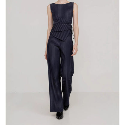 👔 LIMITED-TIME 50% OFF! ✨ Women's Pinstripe Wrap Waist Jumpsuit – Asymmetrical Top, Wide Leg, Power Silhouette 💼