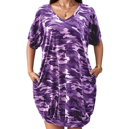 👕 LIMITED-TIME 50% OFF! ✨ Women's T-Shirt Dress – V-Neck, Camo, Pockets, Relaxed Fit, Banded Hem ✨