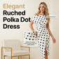 👗 LIMITED-TIME 50% OFF! ✨ White & Black Polka Dot Asymmetrical Dress – Off-Shoulder, Ruched Bodice, Side Slit 🌸