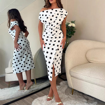 👗 LIMITED-TIME 50% OFF! ✨ White & Black Polka Dot Asymmetrical Dress – Off-Shoulder, Ruched Bodice, Side Slit 🌸