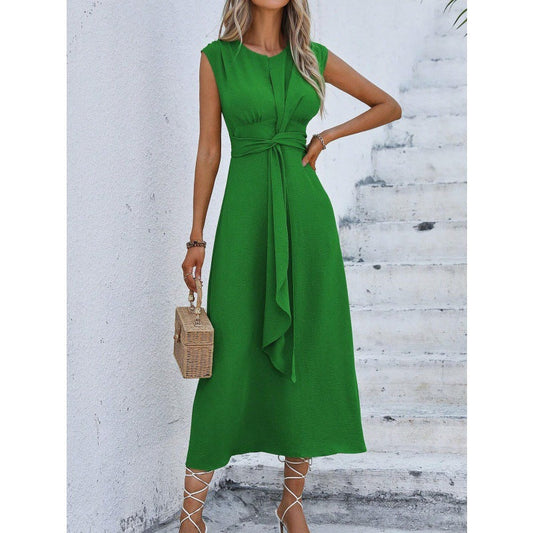 👗 LIMITED-TIME 50% OFF! ✨ Women's Crew Neck Dress – Self-Tie Waist, Sleeveless, Flowing 🍂