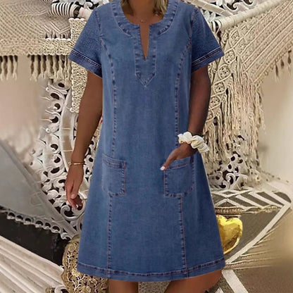 👗 LIMITED-TIME 50% OFF! ✨ Women's Denim Dress – V-Neck, Short Sleeve, Casual ✨