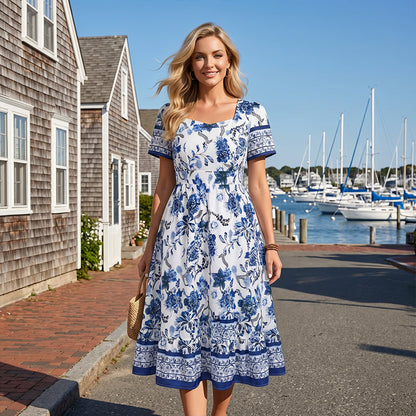 👗 LIMITED-TIME 50% OFF! ✨ Floral Print Midi Dress – Square Neck, Elegant ✨