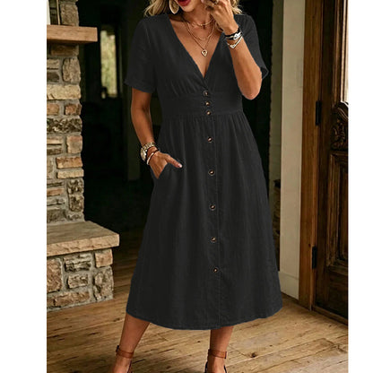 👗 LIMITED-TIME 50% OFF! ☀️ Women's Summer V-Neck Button-Down Dress – Empire Waist, Side Pockets, Breathable 🌸