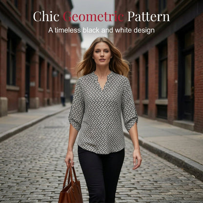 👕 LIMITED-TIME 50% OFF! ✨ Women's Geometric Print Blouse – V-Neck, Chic, Modern ✨