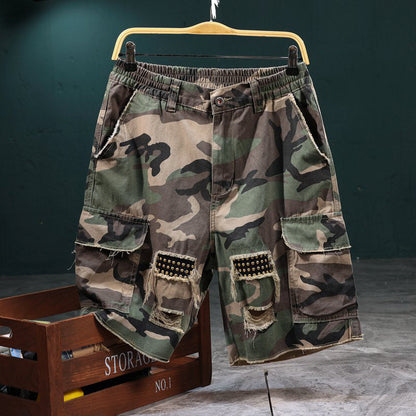 🩳 LIMITED-TIME 50% OFF! ✨ Men's Studded Camo Cargo Shorts – Distressed, Multi-Pocket ✨