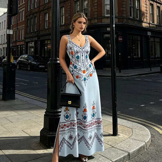 🌸 LIMITED-TIME 50% OFF! ✨ Sleeveless V-Neck Floral Dress – Bohemian, Side Slit, A-Line 👗