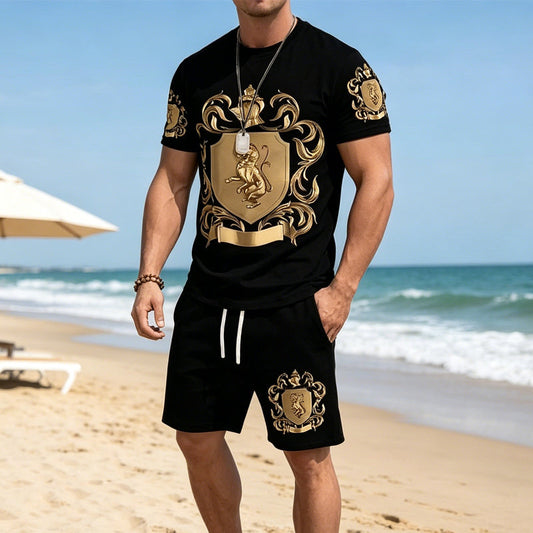 👑 LIMITED-TIME 50% OFF! ✨ Men's Gold Crest Print Set – T-Shirt & Shorts, Luxe Casual ✨