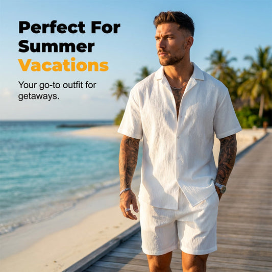 🏖️ LIMITED-TIME 50% OFF! ✨ Men's Textured Short Sleeve Camp Collar Shirt – Crinkle, Breathable, No-Iron 🌞