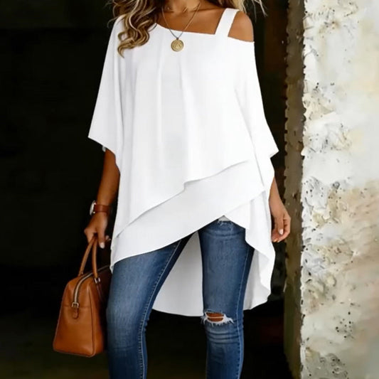 👕 LIMITED-TIME 50% OFF! ✨ Women's Asymmetrical Blouse – Cold-Shoulder, 2 Colors, Loose Fit 🍁
