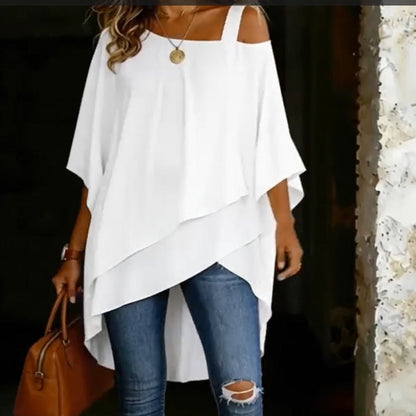 👕 LIMITED-TIME 50% OFF! ✨ Women's Asymmetrical Blouse – Cold-Shoulder, 2 Colors, Loose Fit 🍁