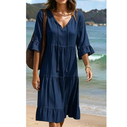 👗 LIMITED-TIME 50% OFF! ✨ Women's V-Neck Tassel Midi Dress – Tiered, Navy Blue, Plus Size 🌊