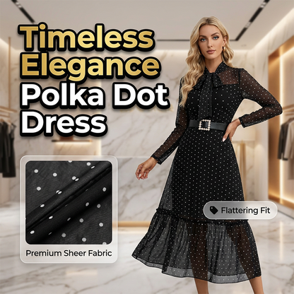 👗 LIMITED-TIME 50% OFF! ✨ Polka Dot Midi Dress – Tie-Neck, A-Line, Elegant ✨
