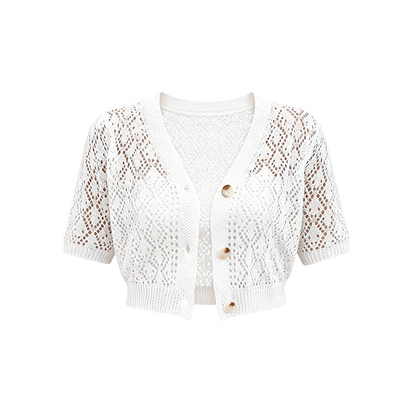 🌞 LIMITED-TIME 50% OFF! ✨ V-Neck Button Down Crop Top Sweater – Breathable Crochet, Hollow-Out Knit, Versatile Styling 🌸