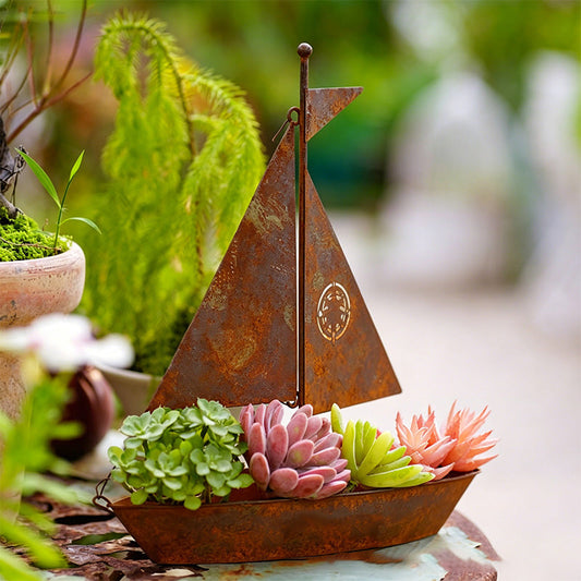 ⛵ LIMITED-TIME 50% OFF! ✨ Rustic Sailboat Metal Planter – Handcrafted Iron, Weather-Resistant, Unique Decor 🌿