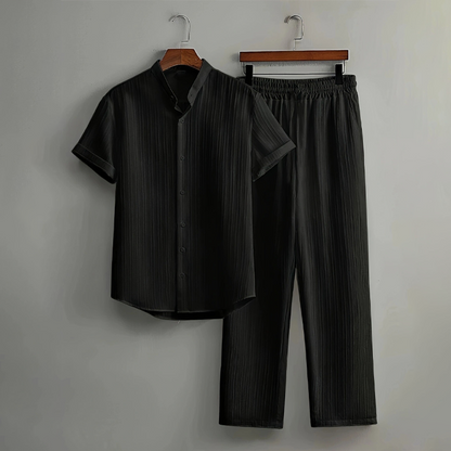 👔 LIMITED-TIME 50% OFF! ✨ Men's Textured 2-Piece Shirt & Pants Set – Breathable, Stand Collar, Elastic Waist 🌿