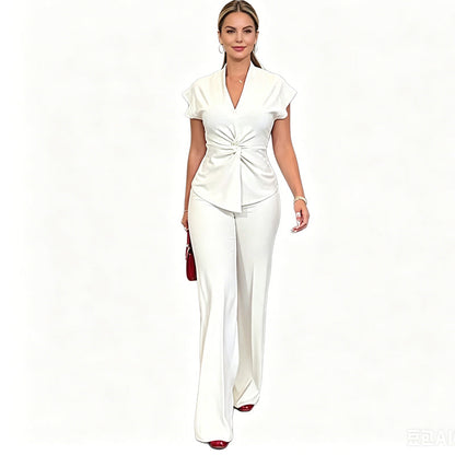 👗 LIMITED-TIME 50% OFF! ✨ Women's Elegant V-Neck & Twist-Knot Waist Wide-Leg Two-Piece Set – Polished, Figure-Flattering, Versatile 🌟