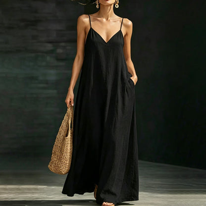 👗 LIMITED-TIME 50% OFF! ✨ Women's V-Neck Maxi Dress – Spaghetti Strap, Flowy, Pockets 🍃