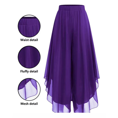 👖 LIMITED-TIME 50% OFF! ✨ Women's Asymmetrical Chiffon Pants – Wide-Leg, Mesh Overlay, Elegant 🌸