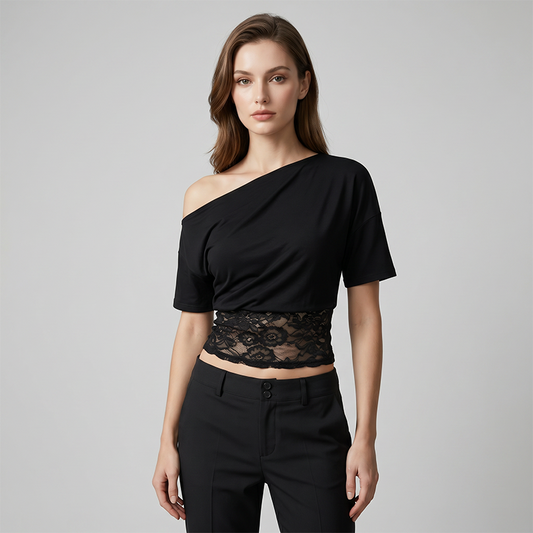 👕 LIMITED-TIME 50% OFF! ✨ Women's One-Shoulder Lace Top – Patchwork, Draped Fit, 3 Colors 🌹